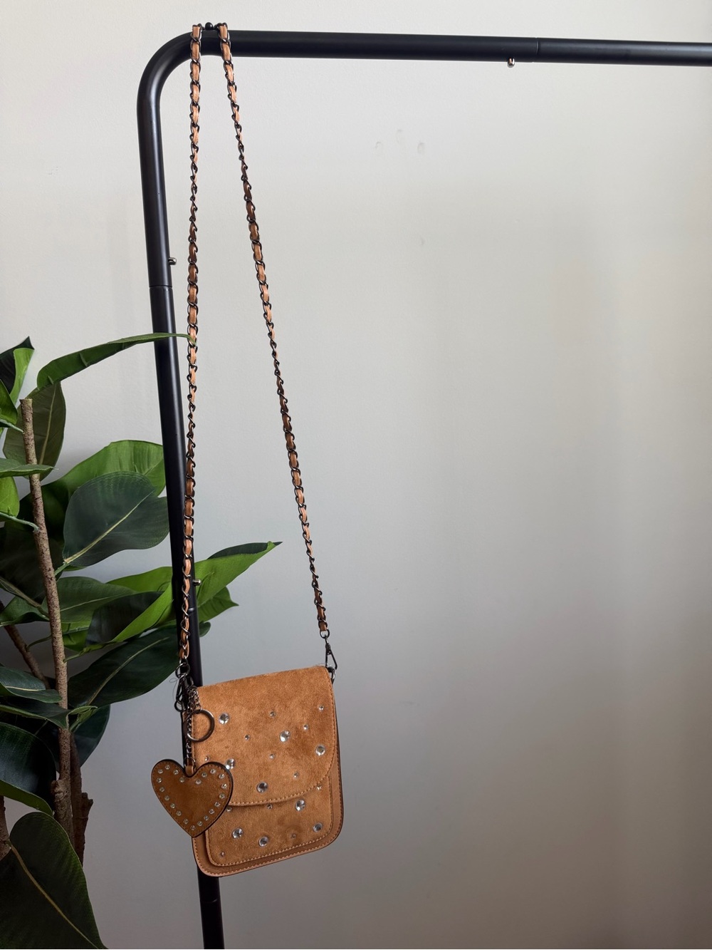 Studded Tan Suede Crossbody Bag with Heart Charm
